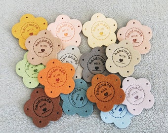 Handmade Tags, Handmade Product Labels, Microfiber Labels for Handmand Item, Flower Labels for Crochet, 35x35mm