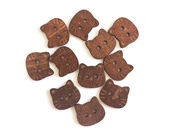 Handmade Wooden Cat Buttons – Set of 10 for Sewing, Knitting & Crochet - 18x16mm