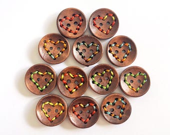 Handmade Wooden Heart Buttons – Set of 10 for Sewing, Knitting & Crochet - 20x20mm