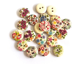 Botones botánicos de madera hechos a mano - Juego de 10 para coser, tejer y hacer crochet - 15 x 15 mm