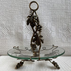 Vintage Fruit Bowl on a Foot Antique Glass Bowl With Metal Vine Elegant Sweet Bowl Grapevine on a Central Bowl Central Server Pedestal image 1
