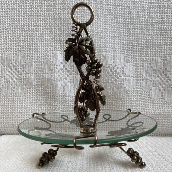 Vintage Fruit Bowl on a Foot Antique Glass Bowl With Metal Vine Elegant Sweet Bowl Grapevine on a Central Bowl Central Server Pedestal