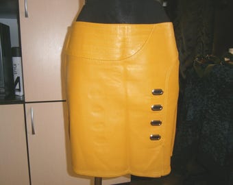 Leather Skirt Size 8 Yellow Handmade Women&#39;s Sheepskin Skirt. Furnishing Skirt-15.5 in Outfit. Genuine Leather Skirt with Lining