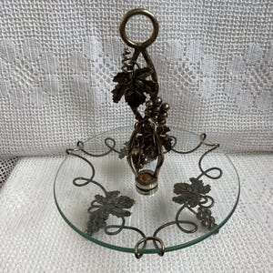 Vintage Fruit Bowl on a Foot Antique Glass Bowl With Metal Vine Elegant Sweet Bowl Grapevine on a Central Bowl Central Server Pedestal image 3