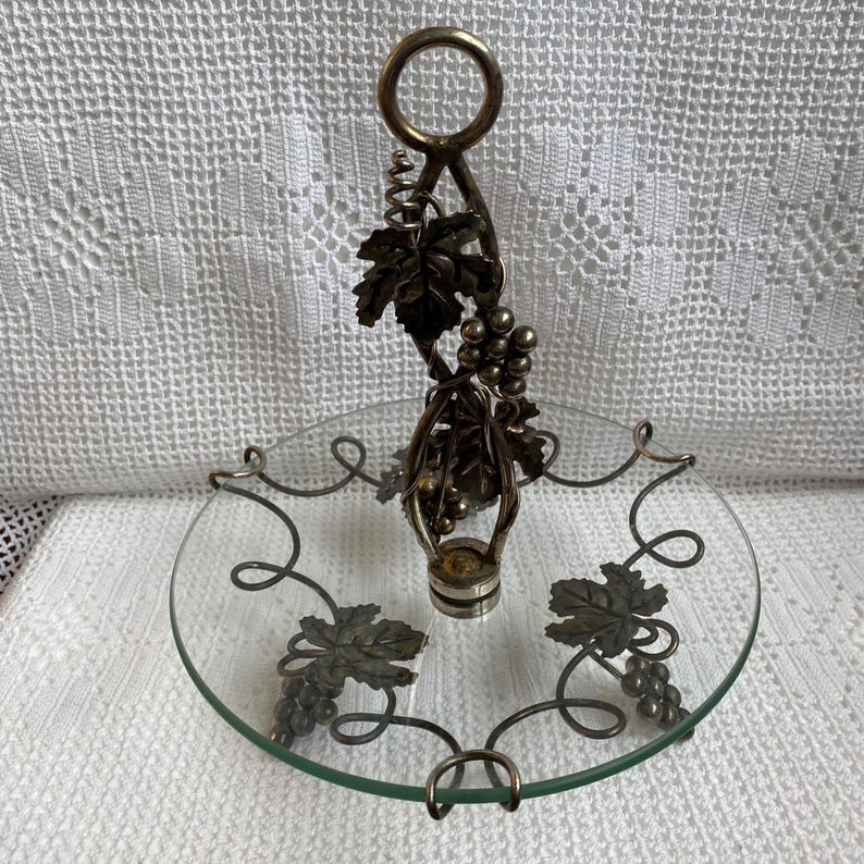 Vintage Fruit Bowl on a Foot Antique Glass Bowl With Metal Vine Elegant Sweet Bowl Grapevine on a Central Bowl Central Server Pedestal image 3