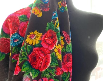 Wool Scarf Dark Floral Headscarf Ukrainian tribal headscarf Wool Scarf Black shawl with flowers, Ethnic style of dress, Women&#39;s headscarf