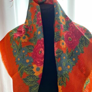 Scarf Women's Orange Scarf With Floral Patterns. Woolen Headscarf With Lurex. Women's Bright Woolen Scarf Manor style