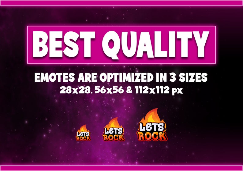 May include: A purple background with stars and the text "BEST QUALITY" in white. The text "EMOTES ARE OPTIMIZED IN 3 SIZES 28x28, 56x56 & 112x112 px" is in white. Three animated emoticons with the text "LETS ROCK" in yellow and orange are shown in different sizes.