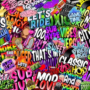 May include: A colorful digital collage of stickers with various phrases and designs. The stickers are in a variety of colors, including red, blue, green, yellow, and purple. Some of the phrases on the stickers include "Let's Ride", "Classic Hip Hop", "Sub Hype", "100 Vibes", "Go DJ", and "Smoke Sur Hype".