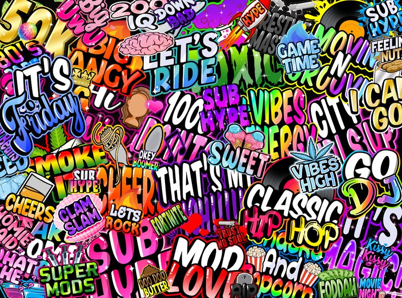 May include: A colorful digital collage of stickers with various phrases and designs. The stickers are in a variety of colors, including red, blue, green, yellow, and purple. Some of the phrases on the stickers include "Let's Ride", "Classic Hip Hop", "Sub Hype", "100 Vibes", "Go DJ", and "Smoke Sur Hype".