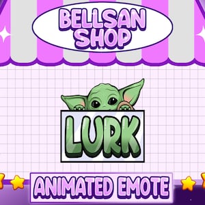 Puede incluir: Emoticono animado con un personaje alienígena verde asomándose detrás de un cartel que dice "Lurk". El fondo es una cuadrícula morada con estrellas.