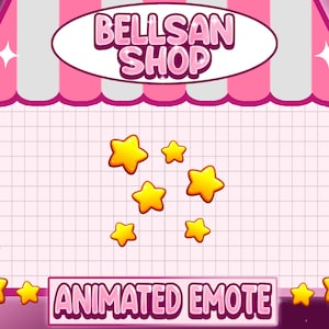 Peut inclure: Une auvent rayée rose et blanche avec le texte "BELLSAN SHOP" au-dessus d'un fond quadrillé. Le texte "ANIMATED EMOTE" est en bas de l'image. Il y a des étoiles jaunes éparpillées sur toute l'image.