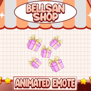 May include: Animated emote featuring a pink gift box with a yellow ribbon and bow. The gift box is animated to appear as if it is floating and spinning. The background is a white grid with a red and orange awning at the top. The awning has the text "BELLSAN SHOP" in white.