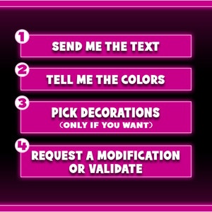 May include: Four pink buttons with white numbers and text on a black background. The buttons are numbered 1 through 4. The text on the buttons reads: "Send me the text", "Tell me the colors", "Pick decorations (only if you want)", and "Request a modification or validate".