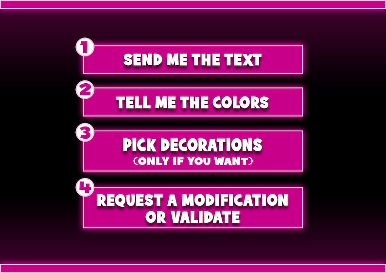 May include: Four pink buttons with white numbers and text on a black background. The buttons are numbered 1 through 4. The text on the buttons reads: "Send me the text", "Tell me the colors", "Pick decorations (only if you want)", and "Request a modification or validate".