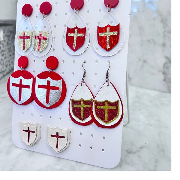 Brother Martin High School  Earrings Shield and Cross Glitter Gold and Crimson acrylic, Teacher Mom Gift FREE KEYCHAIN included