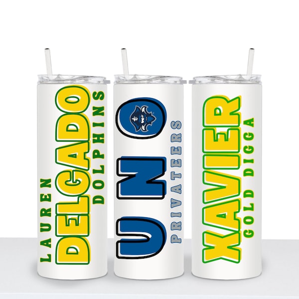 University of New Orleans UNO  Delgado Xavier Tumbler  Custom Gift for Student or Teacher Signing Day Table Decor Add Name Sport  Letters