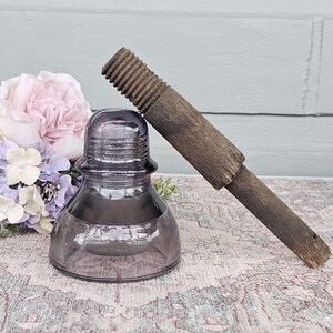 Vintage Amethyst Insulator & Wooden Dowel | AGEE Purple Insulator Telegraph Line Insulator - AGEE CD490 Type III Australian Glass Insulator