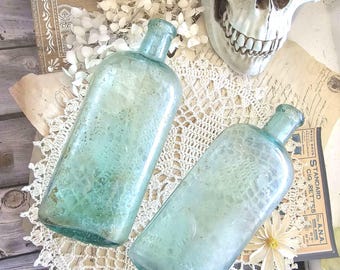 x2 1800&#39;s Aqua APOTHECARY Bottles * Set of Antique Glass Medicine Bottles * Fantastic Display Pieces!