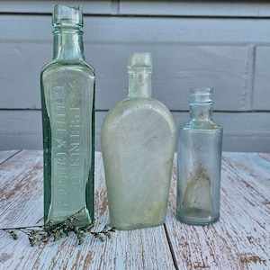 x3 Antique Aqua Bottles | Set of Three Blue Green Glass Bottles | Coffee & Chickory *Damaged | Ink Bottle | Swirly Mineralised Whisky Flask