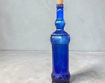Vintage Decorative Cobalt Blue Pressed Glass Bottle *Hand Made in Spain * Cordial Water or Wine Blue Glass Supply Bottle Tiered Leaf Design