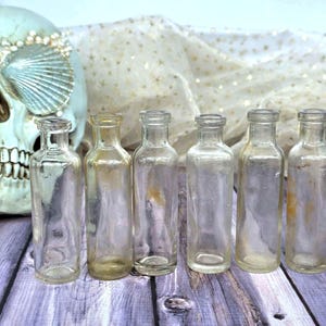 May include: Six clear glass bottles with a rectangular shape are arranged in a row. The bottles are empty and have a vintage appearance. A decorative skull and a patterned fabric are in the background.