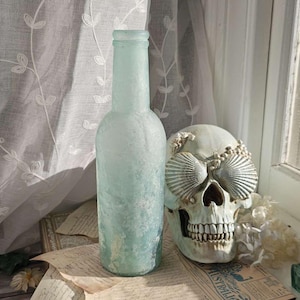 LARGE 1870s Light Blue Green Bottle | 3 Piece Mold Aqua Glass Bottle * Crusty Iridescence * Rustic Applied Top Tall Old Victorian Bottle