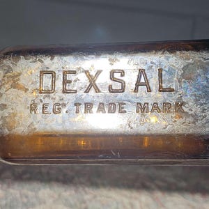 Vintage dexsal-barnsteenfles uit WOII | Antieke apotheek met wijde opening | Fles met reliëf &quot;DEXSAL&quot; medicijn | Maag- en hoofdpijnbehandeling!