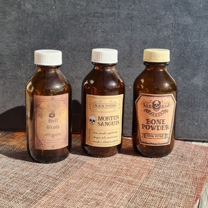 Three Vintage Amber Bottles with Original Lids and some ORIGINAL content! Non- Vintage Labels | x3 Poison Bottles | Halloween Curiosities