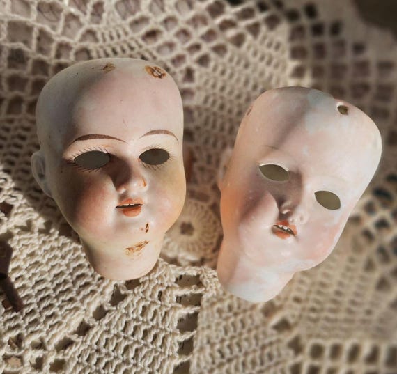 1920年代　ヴィンテージ ドイツ製 古董陶器ドールヘッド アンティークビスクドールヘッド：ドイツ製磁器ドールパーツ（2個