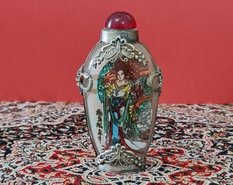 Lovely Reverse Painted Snuff Bottle | Chinese Inside Painted Scent Bottle | Metal Mounted Inside Painted Bottle with Butterfly Dragon Woman