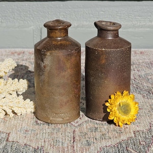 May include: Two antique brown stoneware bottles with a rustic, aged appearance. One bottle has a stopper, the other has a small opening. A yellow flower rests near one bottle. The bottles are cylindrical and sit on a patterned rug.