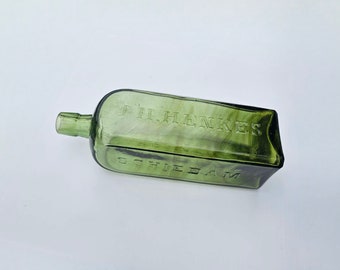 Antique J. H. HENKES Schiedam Aromatico Schnapps *Scarce* with STUNNiNG Amber Glass Swirls! | Collectible Antique Green MEDiCiNE Bottle