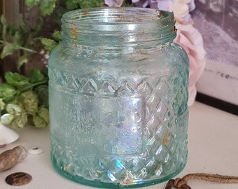 STUNNING Opalized Vintage Aqua Glass Jar | JULlUS COHN & C0 Acorn Polish Adelaide | Pressed Glass with IRIDESCENCE | Rare Australian Bottle