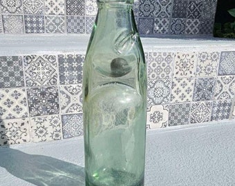 Vintage Codd Bottle with Marble VICTORY  | Aqua Glass One Way Pour Codd Bottle with AMBER MARBLE and Seal | Vintage Soda Bottle