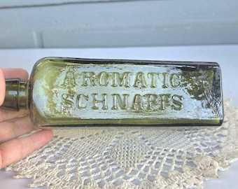 1800s Large Antique Green MEDICINE Bottle * Applied Top! * Udolpho Wolfe's Schiedam Aromatic SCHNAPPS