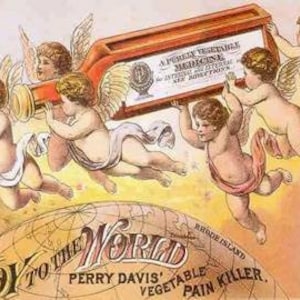 May include: Vintage advertisement featuring cherubs carrying a large medicine bottle. The bottle has a label that reads "A Purely Vegetable Medicine." The ad includes the text "Joy to the World" and "Perry Davis' Vegetable Pain Killer."