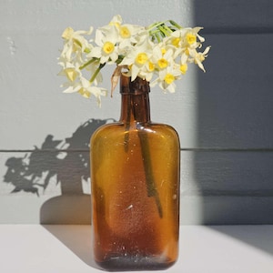 Old Flask Bottle | Vintage Amber Glass Bottle Liquor Flask | Small Posy Vase | Large Amber Flask! Man Cave Dad Gift
