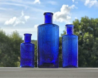 x3 Set of ANTIQUE COBALT POISON Not To Be Taken Bottles w/ Iridescence * Three Old Blue Bottles in 1oz 1/2oz 3oz *Instant Poison Collection!