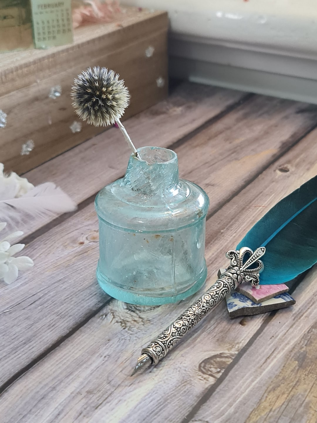 Collectible Vintage Inkwell Antique Shear Top Ink Bottle Aqua Cotton ...