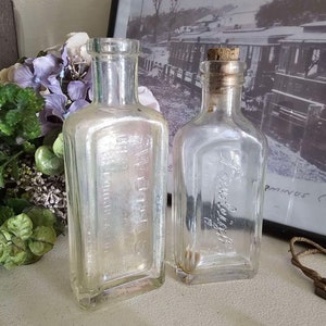 x2 Vintage Bottles | Woods GREAT PEPPERMiNT CURE For Coughs & Colds and RAWLEiGH&#39;S Medicine Bottles | Two Embossed Cork Style Top Bottles