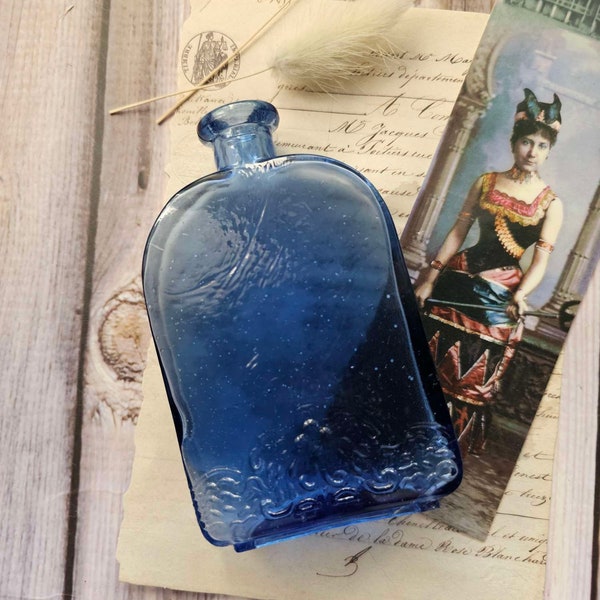 Vintage Cobalt Blue Decorative Glass | Pressed Glass Bottle with Floral Design Whittle Marks Ruffled Glass