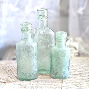 1860s - 1870s Set of 3 SMALL Vintage Aqua Green APOTHECARY Bottles * Three Small Gorgeous Rustic Antique Medicine Bottles