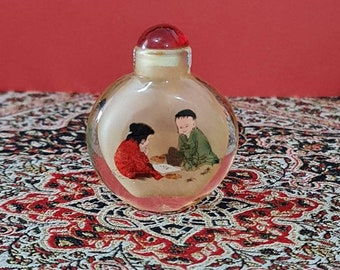 Hand painted Reverse Painted Snuff Bottle | Chinese Inside Painted Scent Bottle | Inside Painted Old Man Riding Bison  Children Playing Game