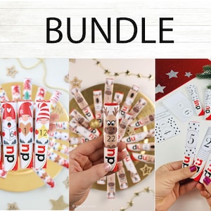 Könnte beinhalten: Ein Bündel zylindrischer Lippenbalsam-Tuben mit festlichen Weihnachtsmotiven wie Gnomen, Rentieren und nummerierten Etiketten. Die Tuben zeigen den Text 'du' sowie verschiedene Zahlen und sind in drei verschiedenen Gruppen angeordnet.