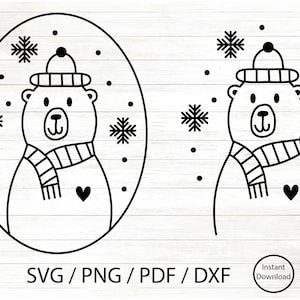 Könnte beinhalten: Schwarz-weiß-Linienzeichnung eines Eisbären mit Wintermütze und Schal vor einem Hintergrund mit Schneeflocken. Der Bär befindet sich in einem Kreis.