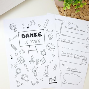 Peut inclure: Deux feuilles de papier blanc avec des illustrations au trait noir représentant des fournitures scolaires comme un globe, une calculatrice et un compas. Une feuille affiche le texte DANKE 2C - 2024/25, l'autre contient des invites de texte en allemand.