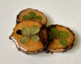 Four Leaf Clover, Good Luck Charm, Wood Slices, Unique Gift, Wellness Pocket Charm, Decorated, Real Genuine Four Leaf Clover, Shamrock, Luck