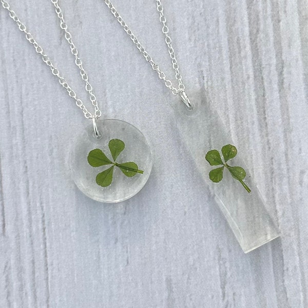 Four-Leaf Clover Necklace, Silver Jewlery, Real Four-Leaf Necklace, Resin Necklace