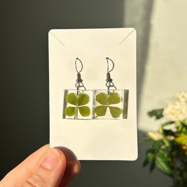 Four Leaf Clover Earrings, Good Luck Charm, Unique Gift, Real Genuine Four-Leaf Clover, Shamrock, Luck, Quirky Earrings, Whimsical Earrings